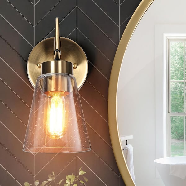 Transitional Plating Brass Bathroom Wall Sconce with Seeded Glass Shade, 1-Light Modern Bedroom Foyer Bell Wall Light
