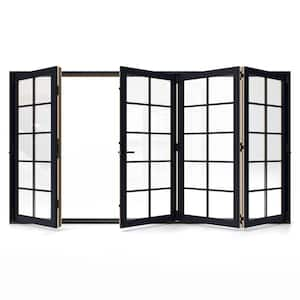 W5500 124 in. x 80 in. Black Left Hand/Outswing Aluminum Clad Wood 4-Panel Prehung Folding Patio Door w/10-Lite grid