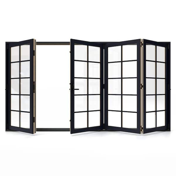 JELD-WEN W5500 124 in. x 80 in. Black Left Hand/Outswing Aluminum Clad Wood 4-Panel Prehung Folding Patio Door w/10-Lite grid