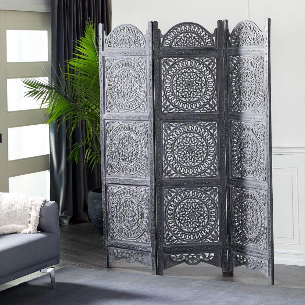 DecMode 60  x 72  Black Wood Floral Handmade Hinged Foldable Partition 3 Panel Room Divider Screen with Intricately Carved Designs  1-Piece