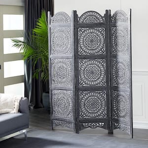 6 ft. Black 3 Panel Floral Handmade Hinged Foldable Partition Room Divider Screen with Intricately Carved Designs