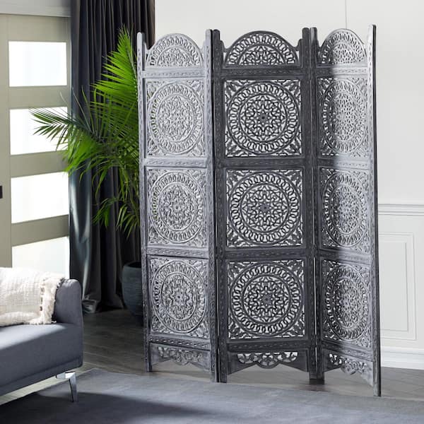 Litton Lane 6 ft. Black 3 Panel Floral Handmade Hinged Foldable Partition Room Divider Screen with Intricately Carved Designs
