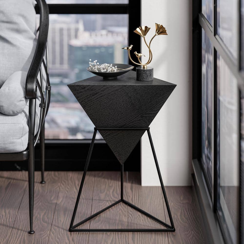 Modern 15.55 in. Black Triangle Wood End Table with Wooden Top and Metal Base