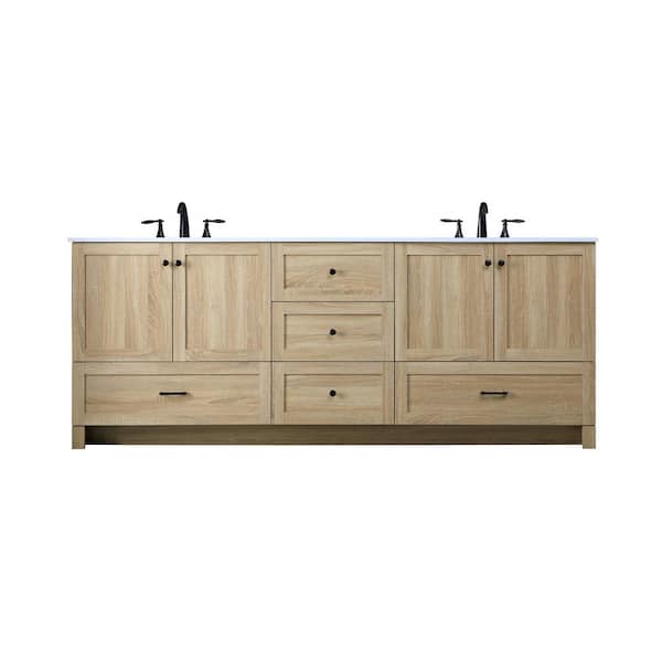 84 in W x 19 in. D x 34 in H Double Sink Bath Vanity in Mango Wood with Ivory White Engineered Marble Top