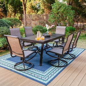 Black 7-Piece Metal Outdoor Patio Dining Set with Slat Extendable Table and Fashion Swivel Chairs with Beige Cushions