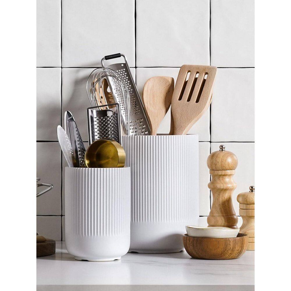 Wudkey 2-Pack Modern White Ceramic Utensil Holder Set for Kitchen ...