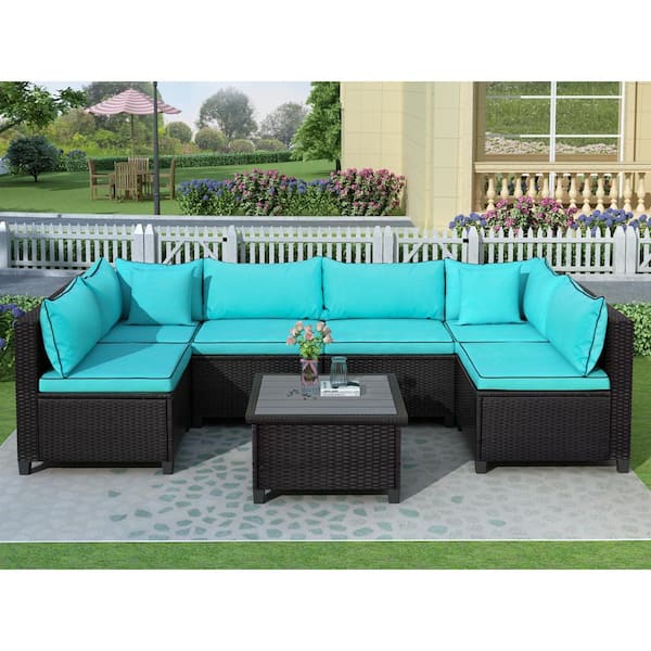 waelph Brown Wicker Outdoor Sectional Set with Coffee Table and Blue Cushions