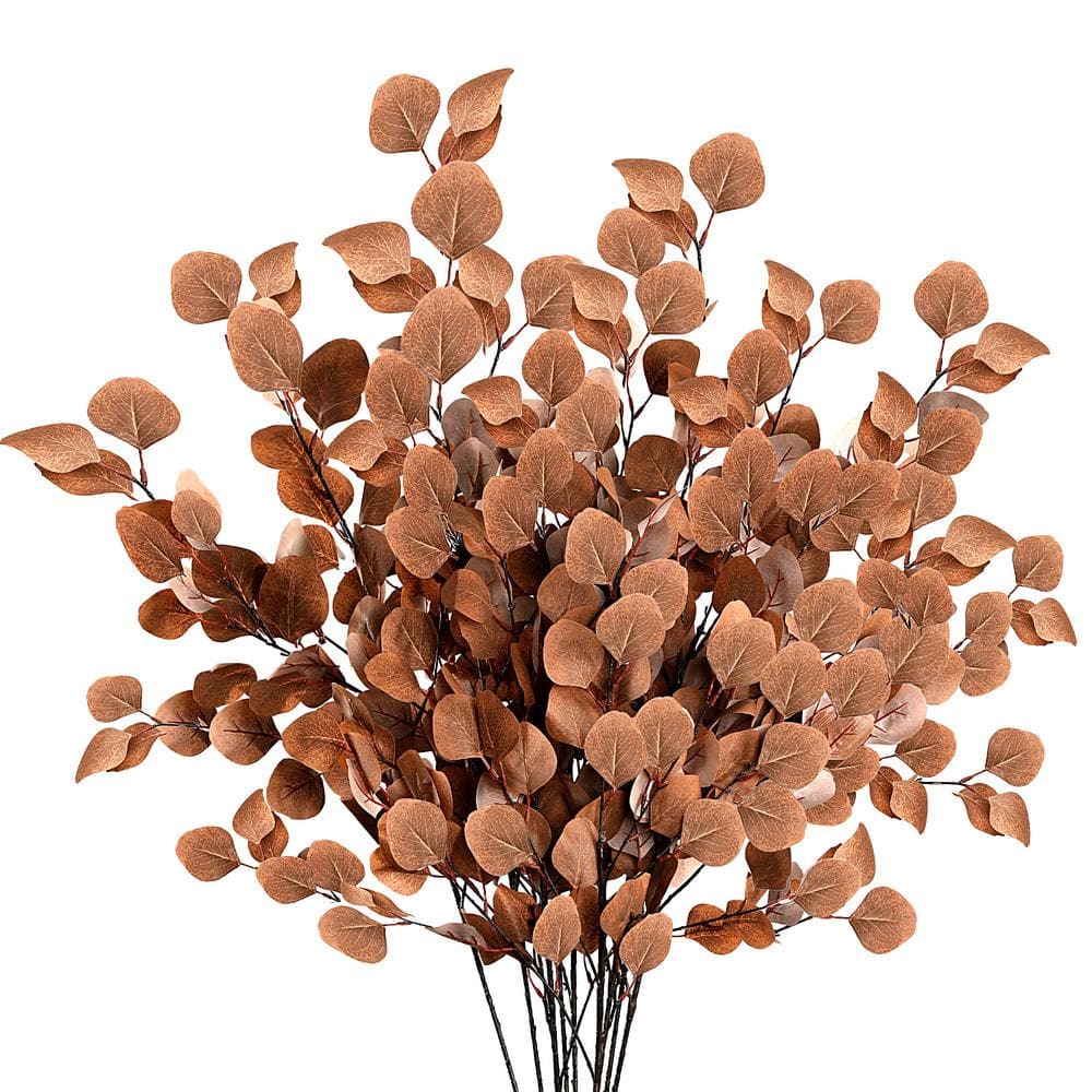 6-Piece 35.43 in. Dark Brown Fake Silk Eucalyptus Leaf Branches, Fall Artif