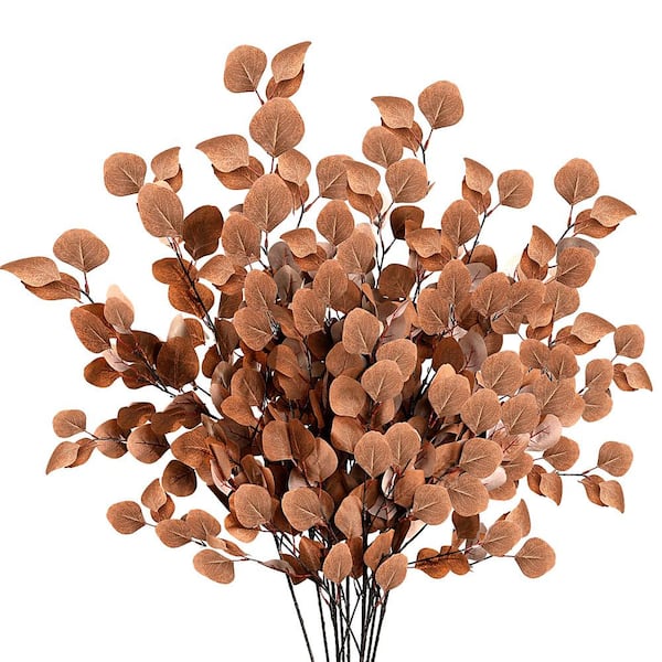 6-Piece 35.43 in. Dark Brown Fake Silk Eucalyptus Leaf Branches, Fall Artificial Eucalyptus Stems with Leaves