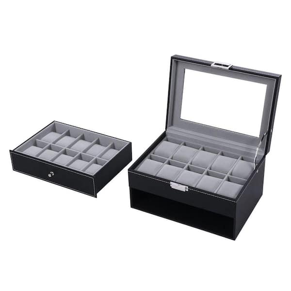 Black PU Leather 20-Slot Watch Box with Glass Lid Z073ZX5QF8 - The