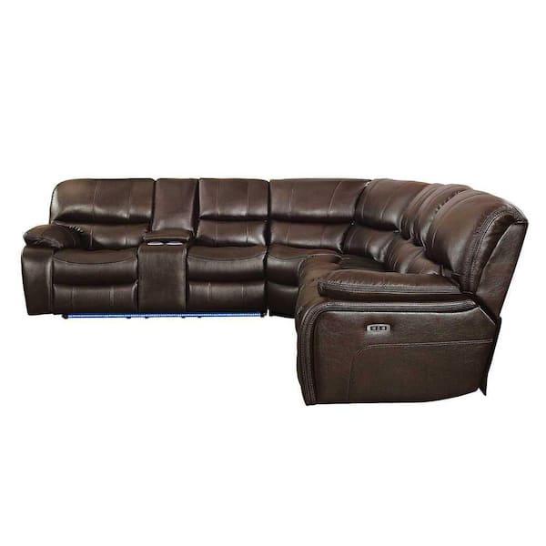 EVERGLADE HOME Slater 105 in. W Pillow Top Arm 4-Piece Faux Leather L Shaped Sectional Sofa in Dark Brown w/ Left Console and LED