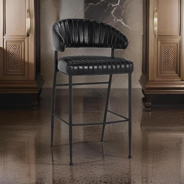 Benjara 30 in. Black Low Back Metal Frame Bar Stool with Leather Seat