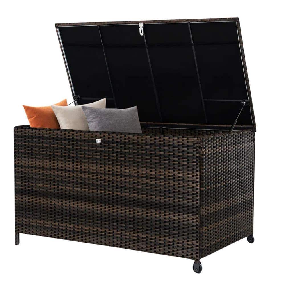 120 Gal. Outdoor Brown Wicker Storage Deck Box Waterproof, Resin Rattan for Patio Garden Furniture Outdoor