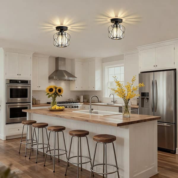 Emeritpro 7.8 in. 1-Light Black Semi Flush Mount Ceiling Light w
