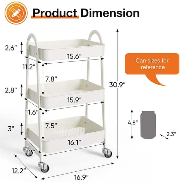 3 Tier Metal Utility Rolling Cart with Table Top and store Side Bags, Metal Tray.