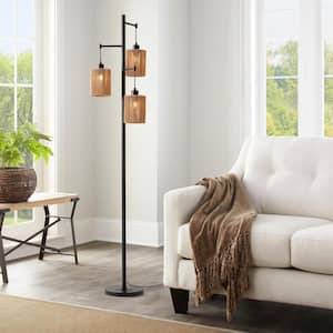 68.9 in. Black 3-Light Hand-Woven Rattan Tree Floor Lamp