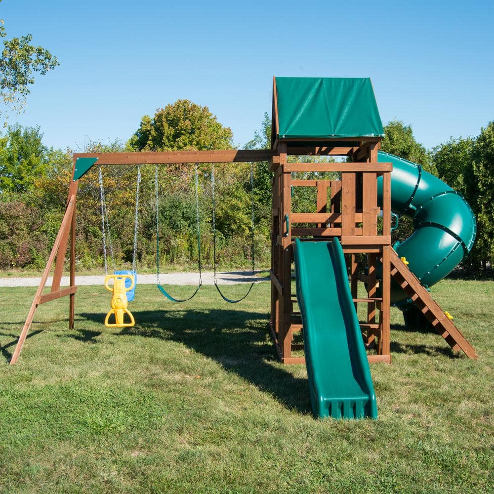 Denali Tower Wooden Playset with Green Slides and Swings
