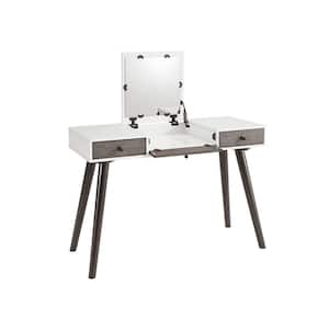 Mid-Century Modern White/Grey/Black Vanity/Desk Table with Flip Top Mirror and Storage (30 in. H x 44 in. W x 18 in. D)