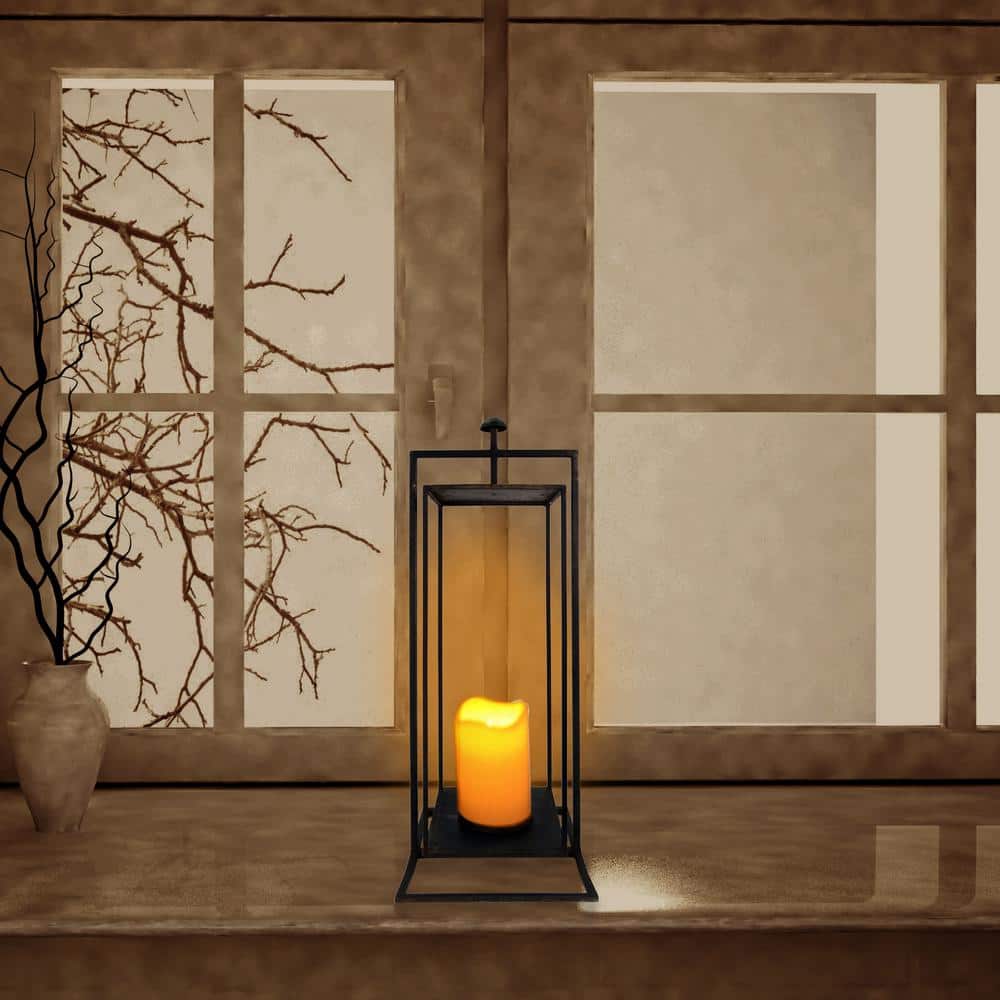 19" Gray Iron Hanging Lantern with Glass Candle Compartment