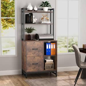Frances 2-Drawer Brown Rustic File Cabinet for Letter Size, Vertical Filling with Bookshelf with Open Storage Shelves