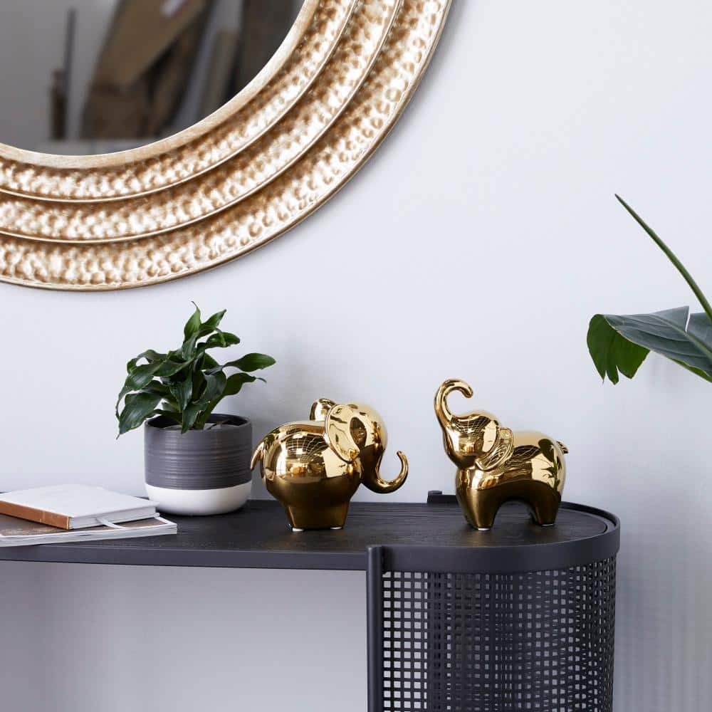 Gold Porcelain Elephant Statue Set, 6" and 7" Heights