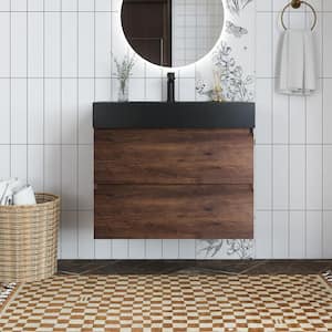 30 in. W x 18 in. D x 25 in. H Single Sink Wall Mounted Bath Vanity in Walnut with Black Quartz Sand Top