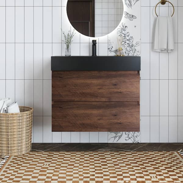 Unbranded 30 in. W x 18 in. D x 25 in. H Single Sink Wall Mounted Bath Vanity in Walnut with Black Quartz Sand Top