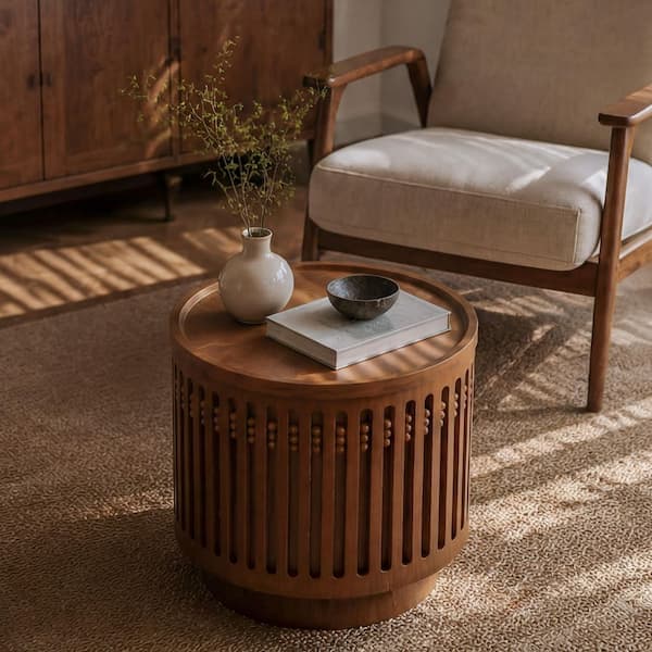 Ixtrel 18.9 in. Walnut Finish Round MDF Wood End Table with Fluted Cylinder Base and Hidden Storage