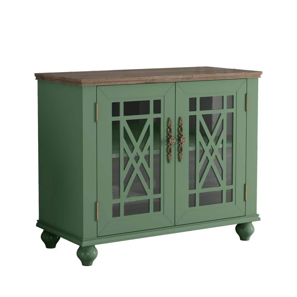 Green Vintage Wood Sideboard Buffet Cabinet with Glass Doors