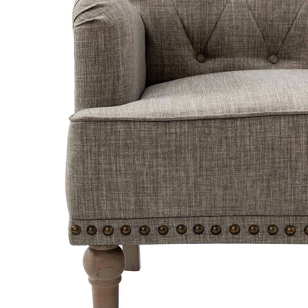 Gray Tufted Polyester Accent Chair with Nailhead Trim and Wooden Legs