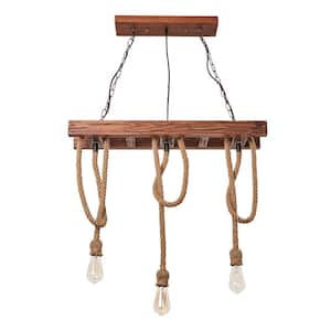 60-Watt 3-Light Farmhouse Wooden Island Pendant Light with Adjustable Chain for Dining Room, No Bulbs Included