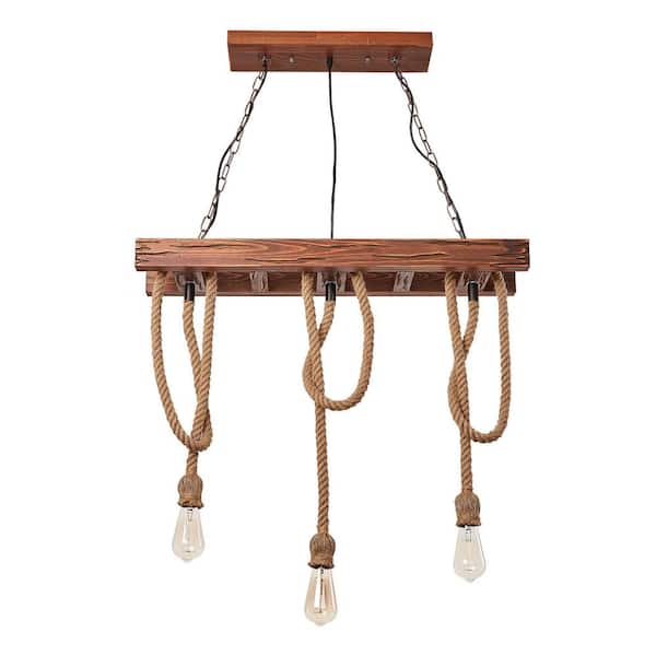 OUKANING 60-Watt 3-Light Farmhouse Wooden Island Pendant Light with Adjustable Chain for Dining Room, No Bulbs Included