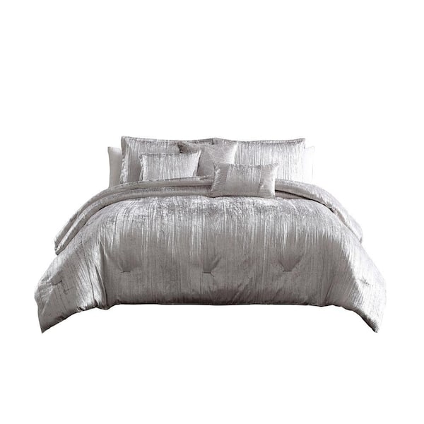 Benjara 7-Piece Silver Solid Print Microfiber Queen Comforter Set