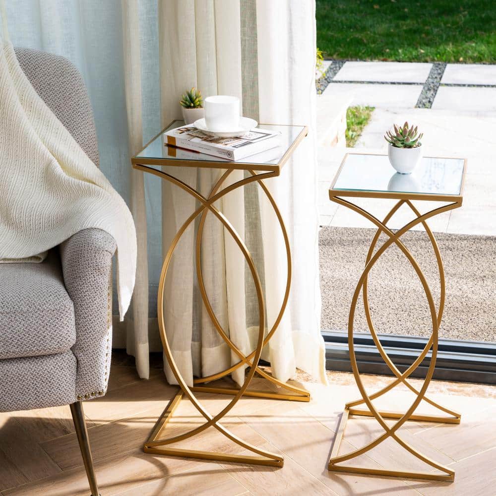 Gold Metal and Glass Square Nesting Tables, Set of 2
