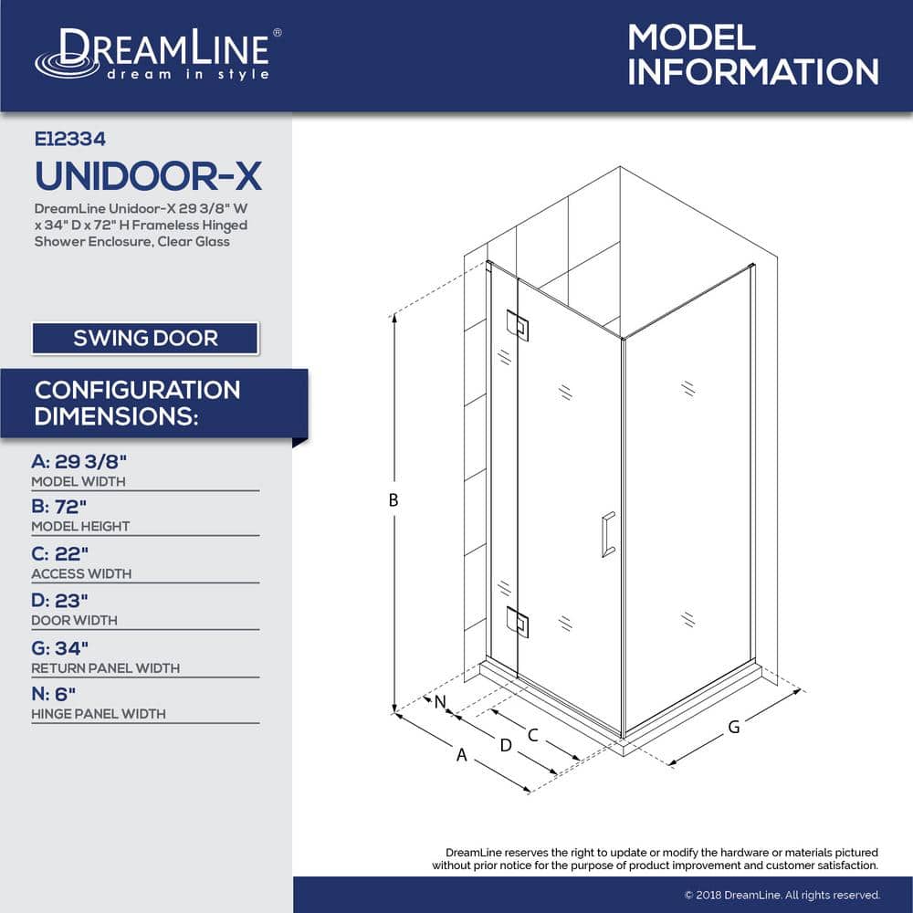 Unidoor-X 36" Clear Glass Frameless Hinged Shower Enclosure
