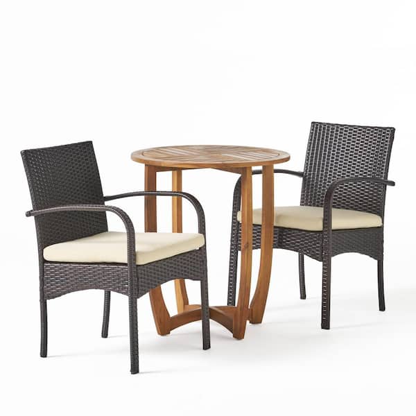 Noble House Lindy 29.50 in. Teak Brown 3-Piece Wood Round Outdoor Bistro Set with Cream Cushions