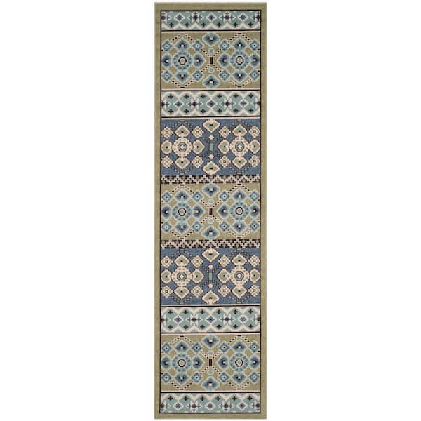 Veranda Green/Blue 2 ft. x 14 ft. Border Tribal Indoor/Outdoor Patio  Runner Rug