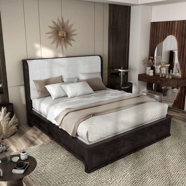 Furniture of America Wilter Black Wood Frame Eastern King Panel Bed with Padded Curved Edge Headboard