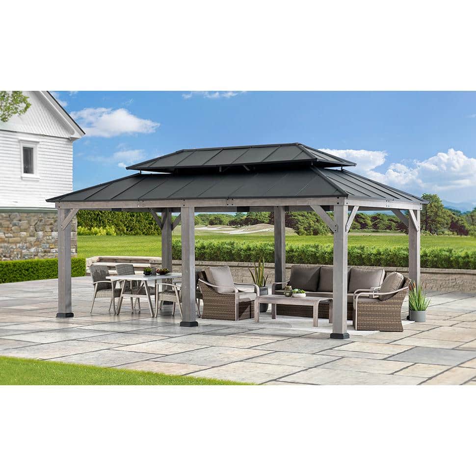 Large Cedar Wood and Aluminum Hardtop Outdoor Gazebo