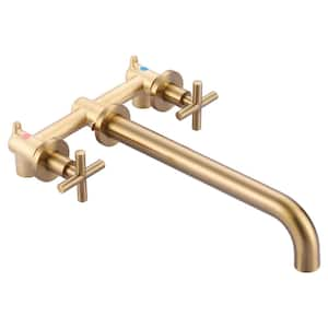 2-Handle Wall-Mount Brass Roman Tub Faucet with High Flow Long Spout Reach in Brushed Gold (Valve Included)