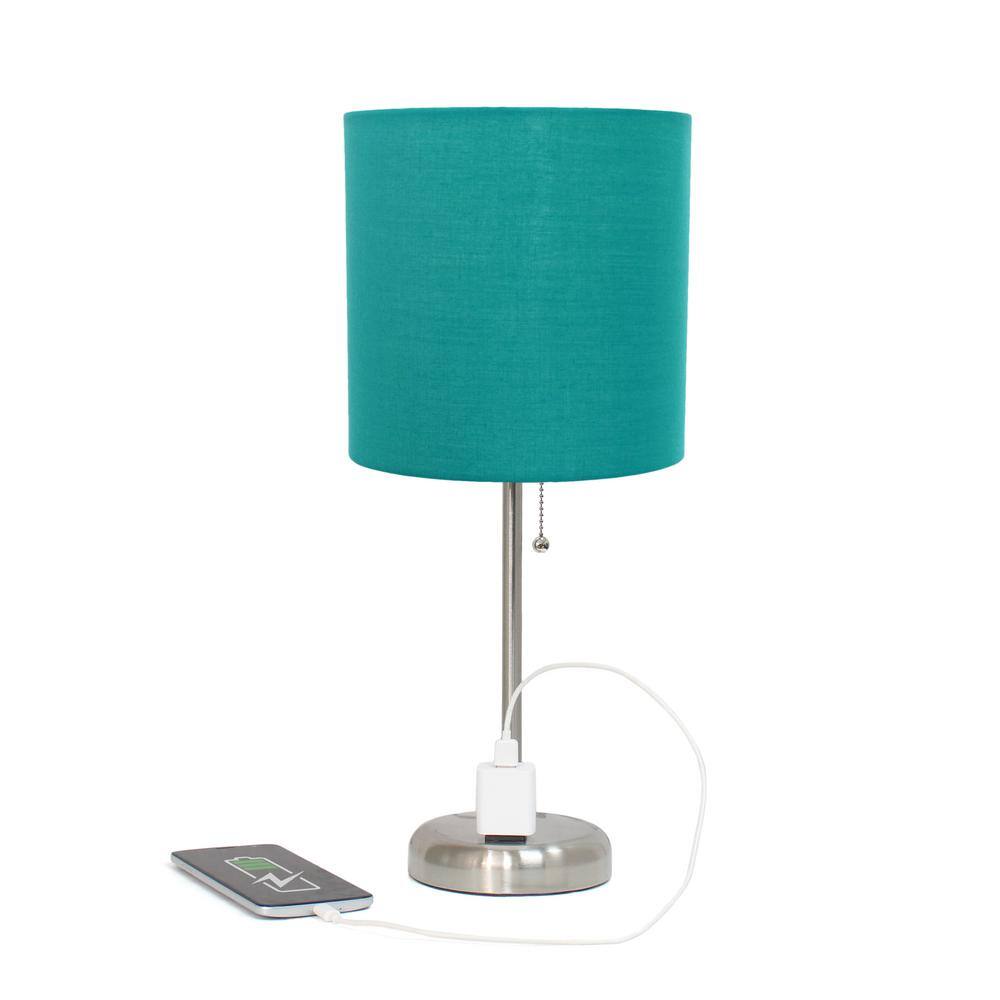 19.5" Brushed Steel and Teal Fabric Table Lamp with Power Outlet