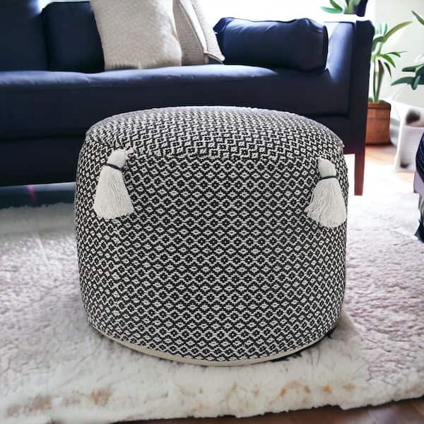 HomeRoots Amelia Black Cotton Round Accent Ottoman