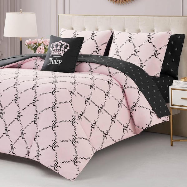 Link Printed 8-Piece Light Pink/Black Geometric Polyester King Bed in a Bag Comforter Set
