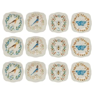 Multicolor Stoneware Plates with Painted Fauna and Scalloped Edge (Set of 12)