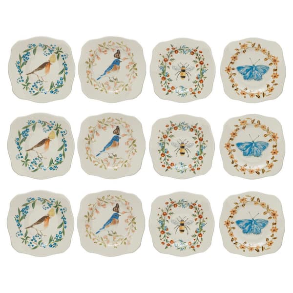 Storied Home Multicolor Stoneware Plates with Painted Fauna and Scalloped Edge (Set of 12)