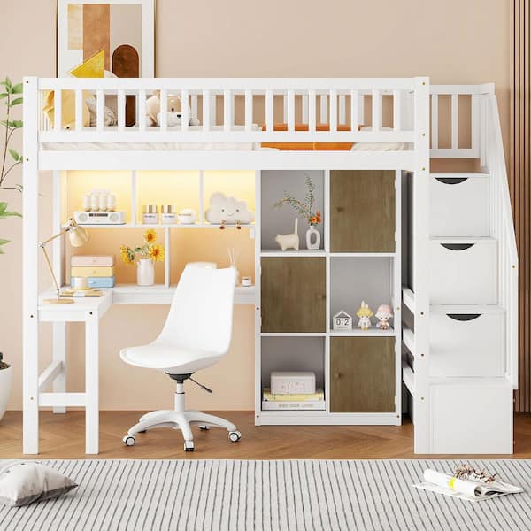 White Twin Wood Loft Bed with Built-in Desk, LED, Storage Shelves, Cabinets and Staircase