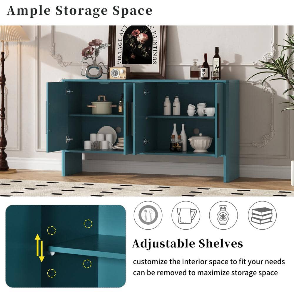 Antique Blue MDF 59 in. Hinged Door Sideboard with Adjustable Shelves