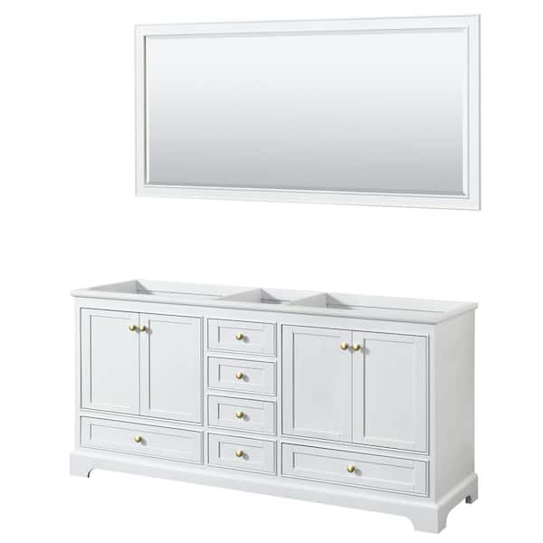 Wyndham Collection Deborah 71 in. W x 21.5 in. D x 34.25 in. H Bath Vanity Cabinet without Top in White with Gold Trim and 70 in. Mirror