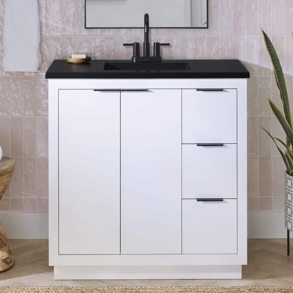 Representative product-family photo: Harlock 37 in. Single Sink Freestanding Bathroom Vanity in White with Black Cultured Marble Top (Assembled). Pictured option and availability are unverified.