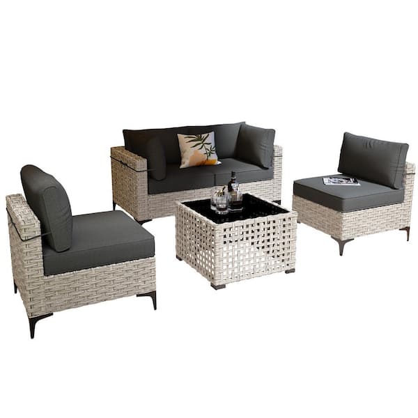 Apollo 5-Piece Wicker Outdoor Patio Conversation Seating Set with Black Cushions